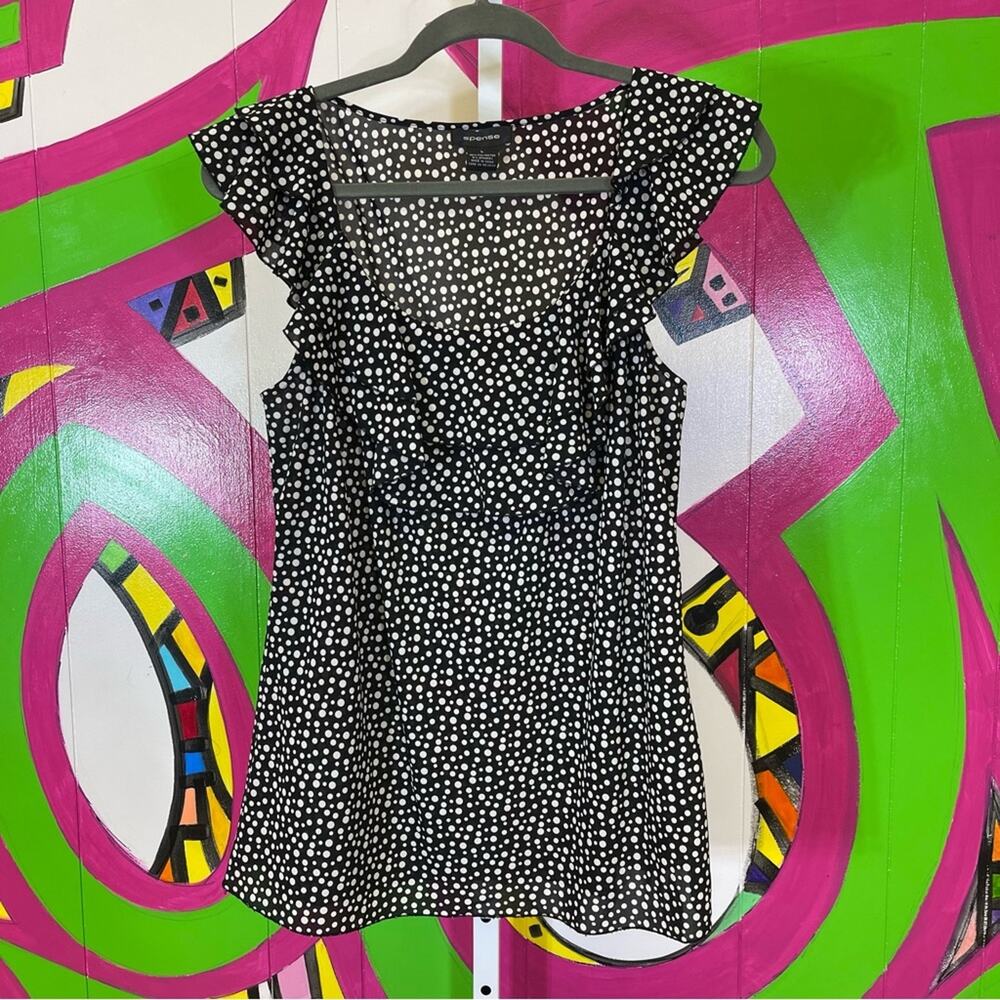 Spense, Polka Dot Blouse with Ruffles. Size Large. Excellent condition!